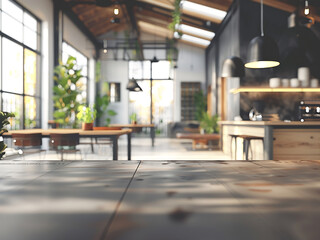 Obraz premium A loft-style vintage home and cafe interior softly blurred, offering copy space