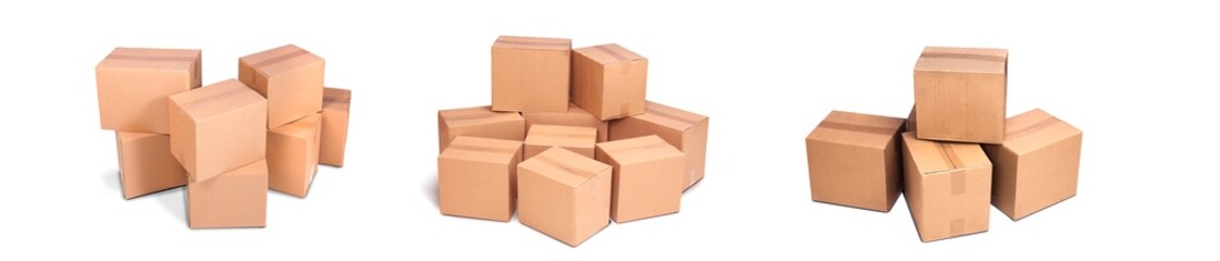 Title: cardboard pile or piles box or stack carton isolated on white background. Online marketing packaging boxes and delivery