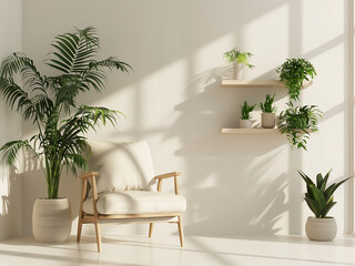 Houseplants adorn shelf near light wall Interior scene with armchair