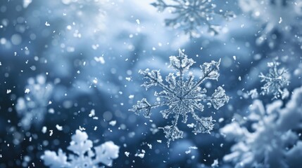 A snowflake caught in a snowstorm, perfect for winter scenes or weather reports