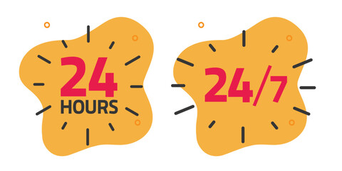 24 hours open service icon label red yellow vector graphic illustration set, working hrs time in a week badge sign image clip art