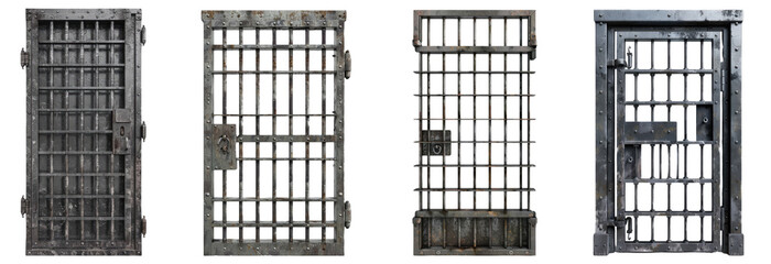 Set of Prison cell door with iron bars in 3D, isolated on transparent background. Ideal for justice, law, and security system designs.