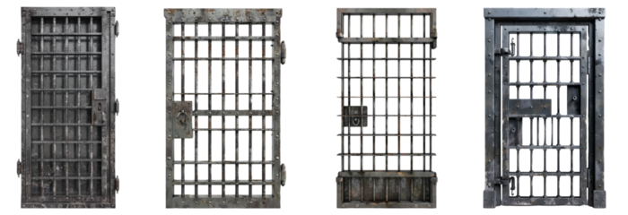 Set of Prison cell door with iron bars in 3D, isolated on transparent background. Ideal for justice, law, and security system designs.