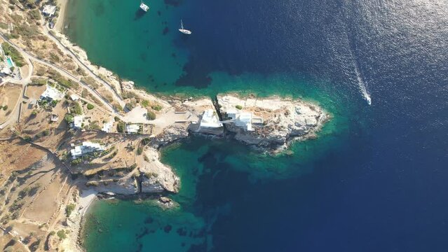 View of Chrysophygi Monastery and Paros on the south east coast of the island, Sifnos, Greece