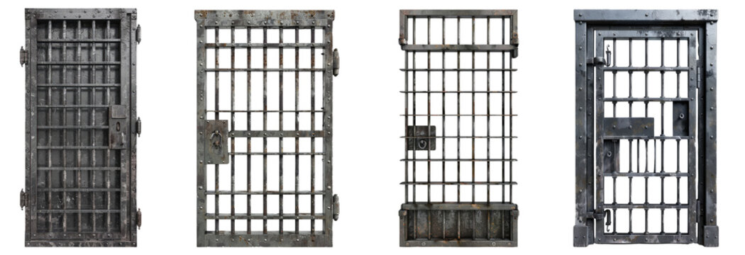 Set of Prison cell door with iron bars in 3D, isolated on transparent background. Ideal for justice, law, and security system designs.