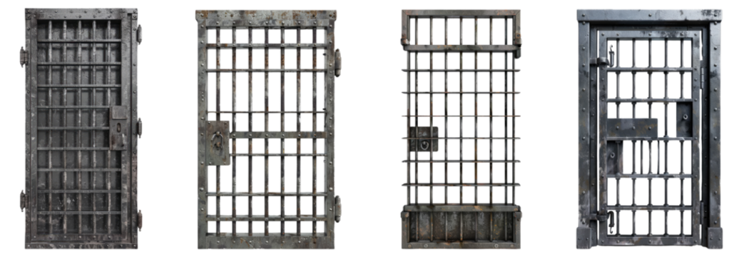 Set of Prison cell door with iron bars in 3D, isolated on transparent background. Ideal for justice, law, and security system designs.