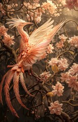 colorful mystic paradise bird with pink flowers (phoenix) 