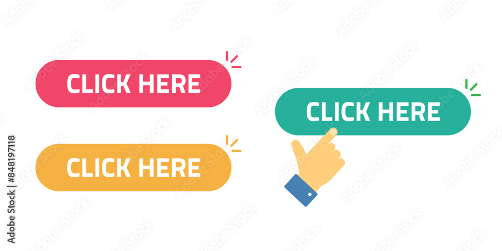 Poster click here button with hand cursor pointer icon vector flat cartoon set image clip art red yellow gr