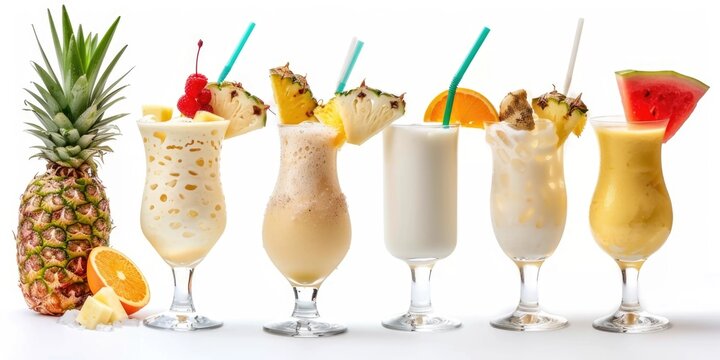 A row of four different types of drinks on a table or counter