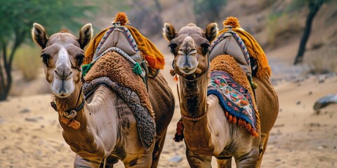 Desert landscape with two camels standing in dry earth, ideal for travel or adventure themes
