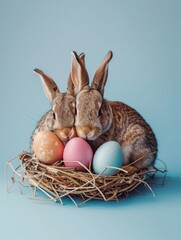 Two rabbits sitting together in a cozy nest, ideal for spring or Easter-themed projects