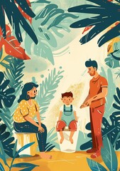 Illustration of parents with son in home setting