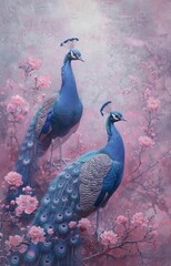 colorful peacocks with pink flowers
