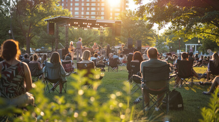 City residents attending an outdoor concert in a park