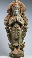 Fototapeta premium Ancient Stone Buddha Statue with Intricate Carvings and Serene Expression in a Peaceful Pose, Symbolizing Spirituality and Tranquility, Perfect for Cultural and Religious Themes