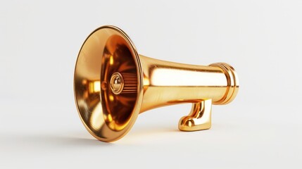 Obraz premium Golden metal megaphone isolated on white background. 3d rendering of bullhorn, luxury loudspeaker isolated on white, copy space. Generative AI