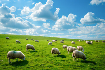 Obraz premium Observe a serene scene with calm sheep grazing on a sunny green hill beneath blue skies