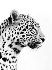 A black and white profile of a leopard.