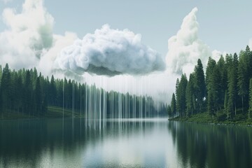 A giant digital cloud floating over a serene lake, with data streams visibly flowing into the cloud from the surrounding forest.