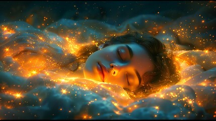 AI generated illustration of a woman sleeping surrounded by glowing magical lights