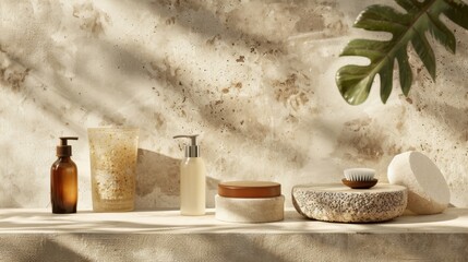 A set of eco-friendly skincare products on an earth-toned background with light textures, promoting natural wellness. --ar 16:9 --style raw Job ID: 6fbd7fbc-413c-4fd4-824d-f8b92e1a6f95