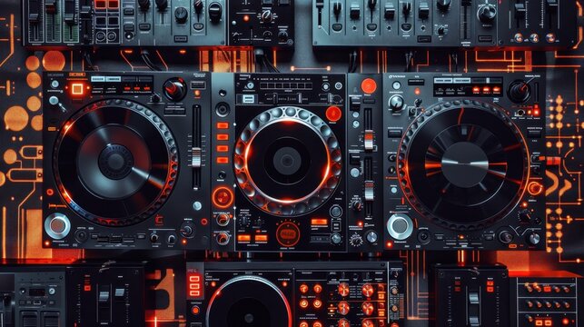 A set of modern DJ equipment on a light tech-inspired pattern background, emphasizing music production. --ar 16:9 --style raw Job ID: ee66051b-2456-4a75-99a9-13fe81a519ac