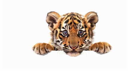 Obraz premium adorable tiger cub peeking over blank white banner cut out illustration