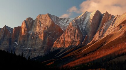 A stunning sunrise illuminates a majestic mountain range in the Canadian Rockies
