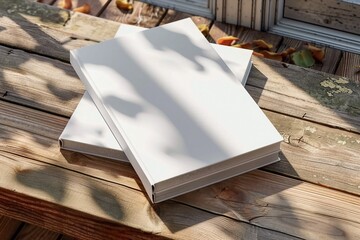 Two White Books Mockup with textured hardcover on wooden table outdoors. 3d rendering. generative ai.