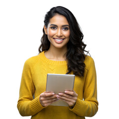 Smiling woman in yellow sweater holding a tablet on transparent background