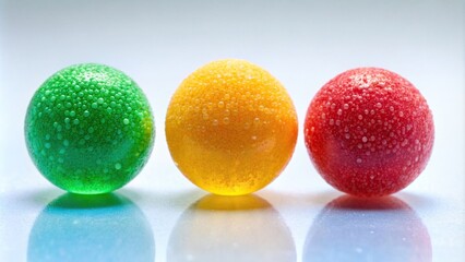 Three vibrant jelly balls lined up in different colors, jelly, balls, colorful, row, arrangement, snack, sweet, dessert