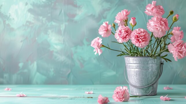 cheerful mothers day card with pastel pink carnations in zinc bucket copy space for message digital illustration