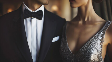 Elegant evening attire with a black tie and formal gown