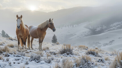 Obraz premium Two beautiful wild horses standing in snowy mountains at sunrise