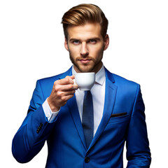 Confident businessman in blue suit holding coffee cup