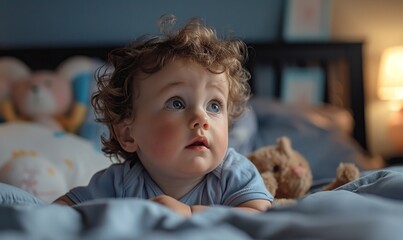 Fototapeta premium Boy trying falling asleep in cozy bed