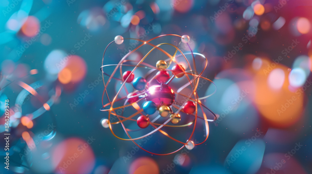 Poster a colorful, abstract representation of a molecule with a red ball in the center