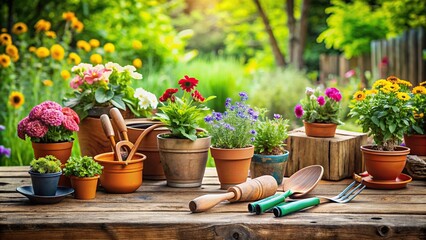 A variety of gardening tools and colorful flowerspots on a rustic wooden table, gardening, tools, flowerspots, colorful