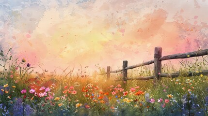 Fototapeta premium Beautiful watercolor painting of a vibrant flower field with a wooden fence at sunset, showcasing a captivating rural landscape.