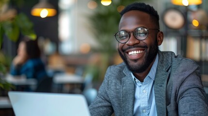 Obraz premium Work-life balance concept. Businessman on video call with family, laptop open, office environment, smiling, happy expression, virtual interaction, connection, professional setting