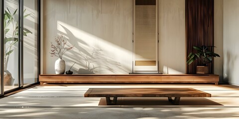 Elegant living room with low wooden sideboard tatami flooring and Japanese scroll. Concept Japanese Interior Design, Tatami Flooring, Wooden Sideboard, Elegant Living Room, Japanese Scroll