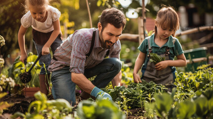 Family gardening together in their backyard on a weekend