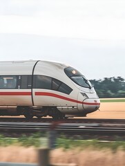 Fototapeta premium Sleek High Speed Train Traversing Blurred Rural Landscape