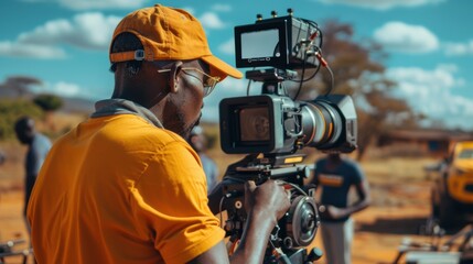 African male film director oversees filming of blockbuster scenes