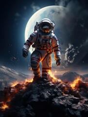 Fototapeta premium Astronaut in a fiery lunar landscape with the moon in the background, symbolizing exploration and adventure in space.