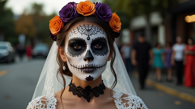 Close up of a beautiful zombie bride on blurred street, Halloween sugar skull party and costume idea.