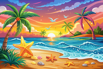 Fototapeta premium Tropical sunset beach scene with starfish and palm trees. Colorful beach sunset with starfish on the sand and waves. Sunset at a tropical beach with starfish and flying birds.