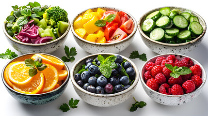 Colorful Assortment of Fresh Fruits and Vegetables in Rustic Bowls on White Background