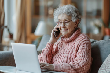 Elderly woman talking on the phone while using a laptop at home