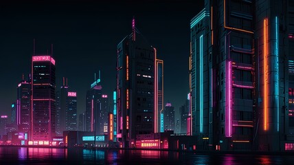 Cyberpunk neon city night, colorful vintage urban facade background, extra wide.